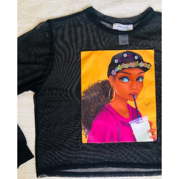 Embellished Graphic Mesh Top with 3D Raised Detailing Small - Picture 8 of 8